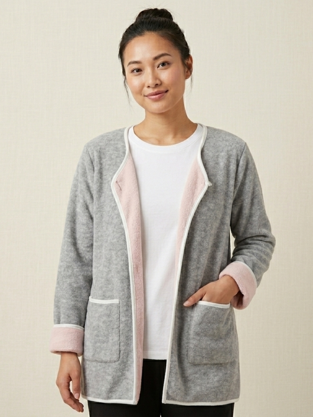Open-Front Gray Cardigan with Blush Trim